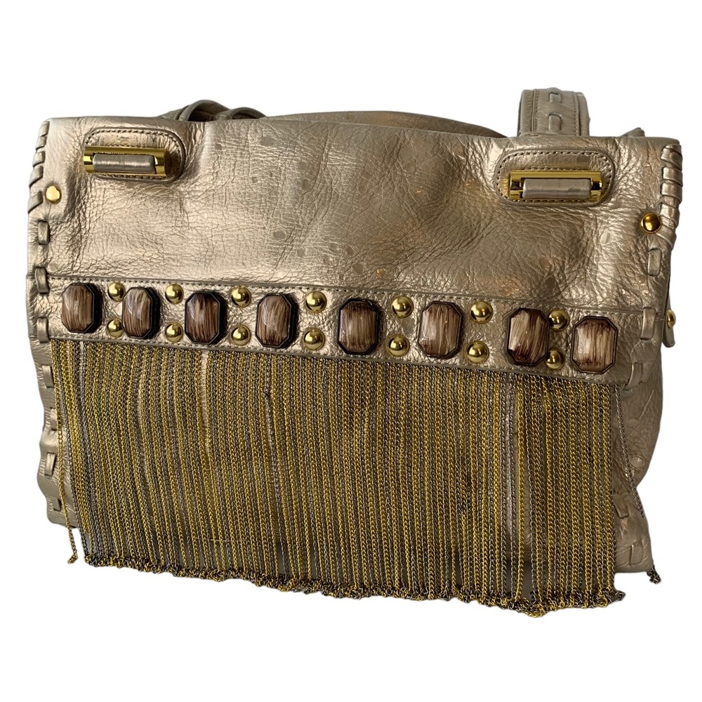 Sharif Gold Embellished Chain Fringe Textured Leather Handbag